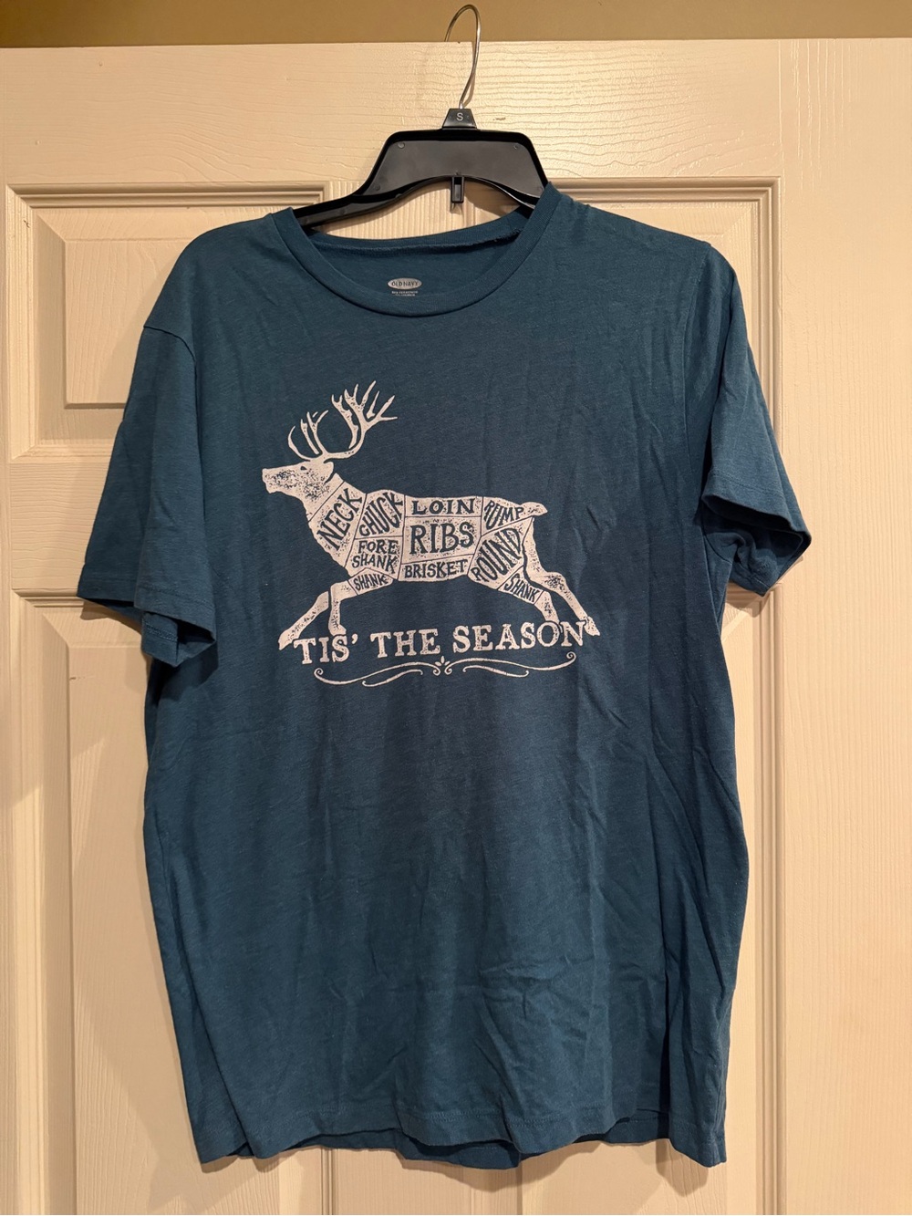 Old Navy Teal Short Sleeve Tee with White Reindeer Cut Chart Graphic
